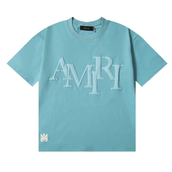 Amiri Staggered Logo Blue T-Shirt - Image 1