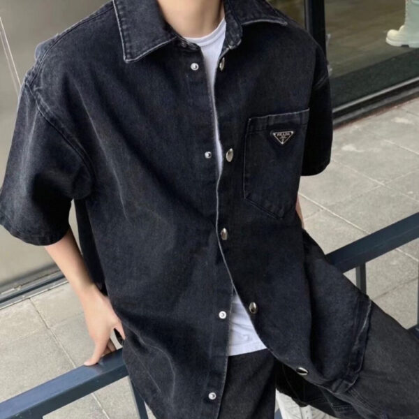 Shirt Prada Black Denim Button-Up Logo PD041 - Image 6