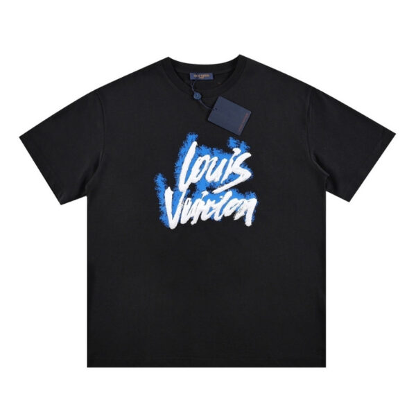 T-shirt Louis Vuitton Blue Graffiti Black Logo LV019 - Image 1