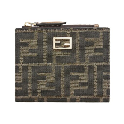 Brieftasche aus Jacquard mit FF-Muster in brauner Farbe 9.5cm
