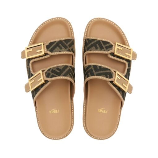 Braune Stoff-Slipper mit FF-Muster – Bild 4