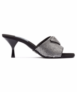 Satin Slides Schwarz mit Kristallen 7,5 cm