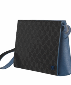 Kleine, zweifarbige Pouch Blauer Lederbesatz 26 cm